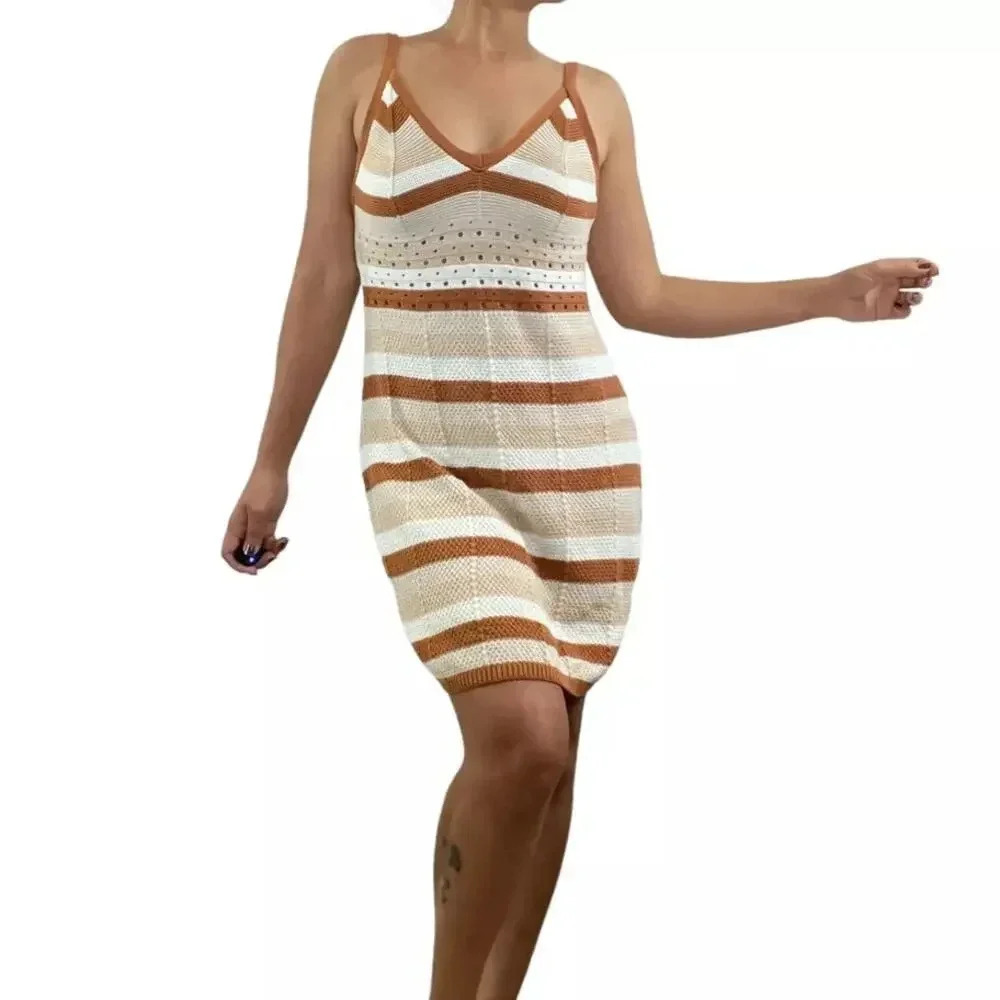 Ultra Flirt Sleeveless Knitted Mini Dress Brown Stripe Size L